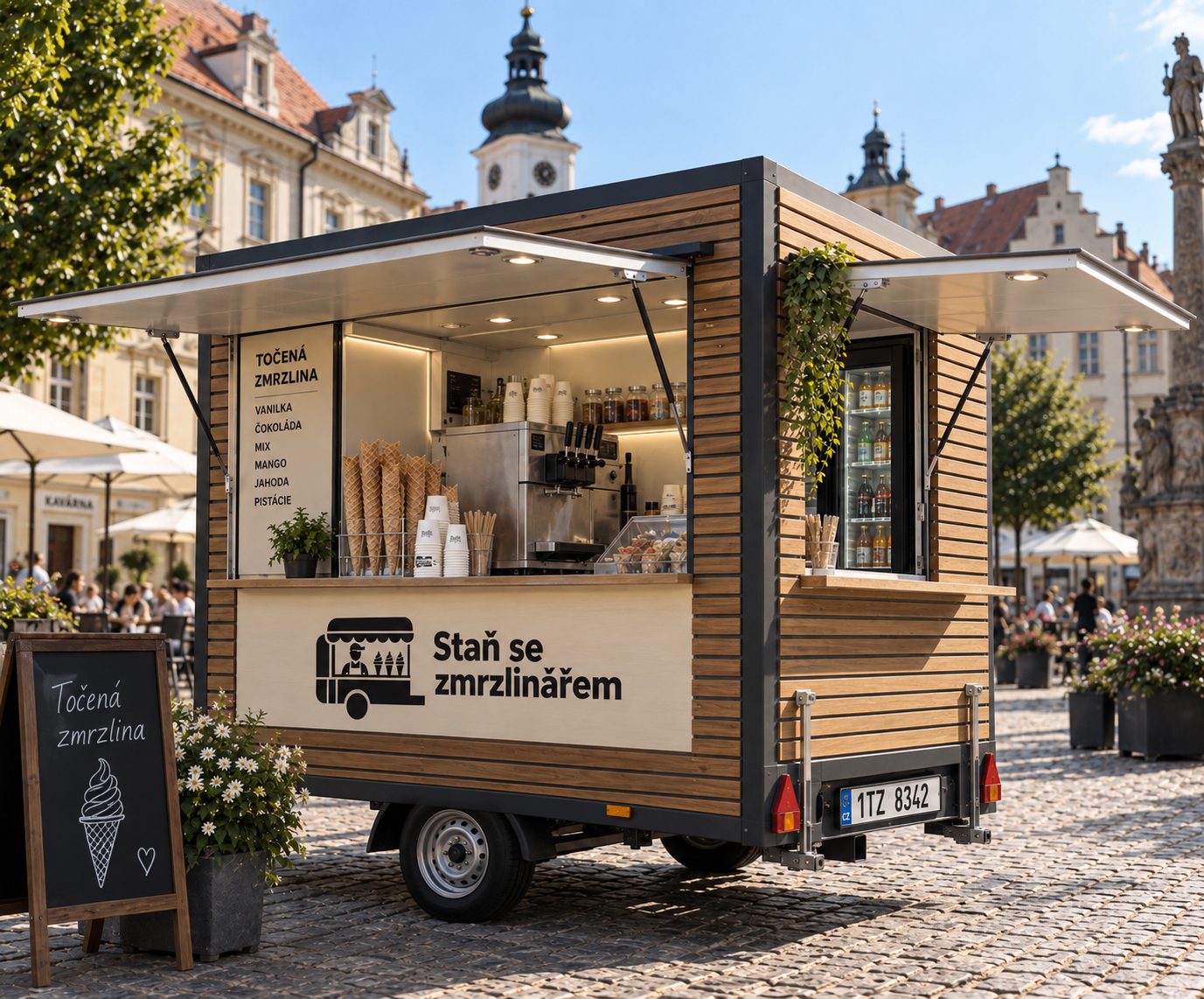 Zmrzlinový gastro přívěs s obsluhou na historickém náměstí